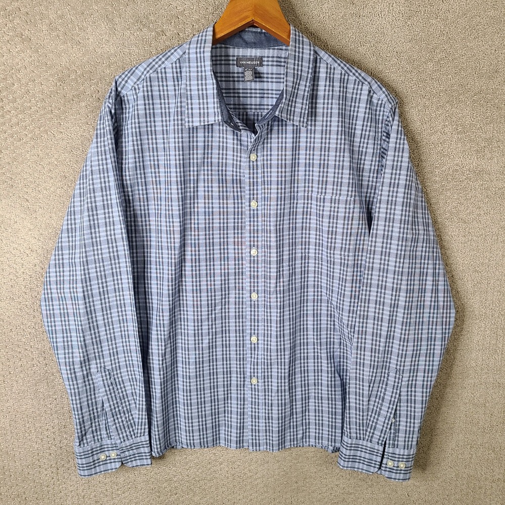 Van Heusen Shirt Mens XXL Blue Plaid Button Down Cotton Blend Long Sleeve Casual